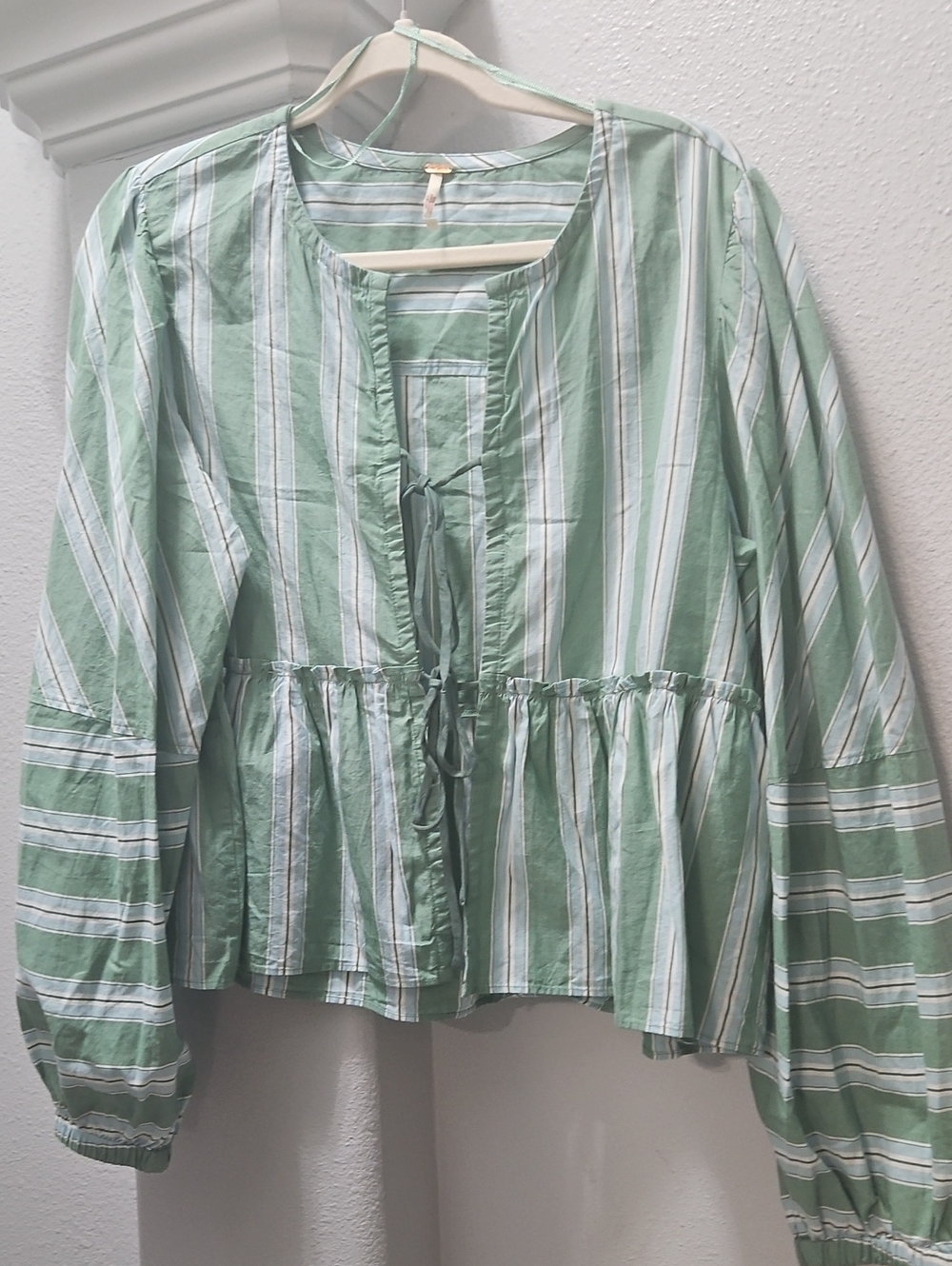 Free People Light Green Striped Peplum Tie-Front Women's Top - Picture 4 of 6